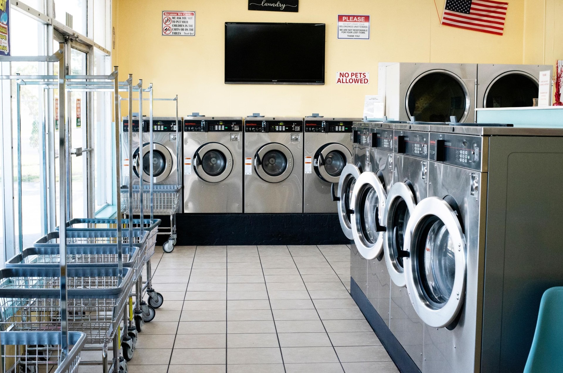 Rows of washers inside Bright 'N Clean Laundromat
